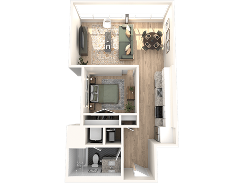 Floor plan for 1 bed, 1 bath, 632 sqft